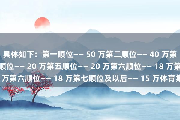 具体如下：第一顺位—— 50 万第二顺位—— 40 万第三顺位—— 35 万第四顺位—— 20 万第五顺位—— 20 万第六顺位—— 18 万第七顺位及以后—— 15 万体育集锦