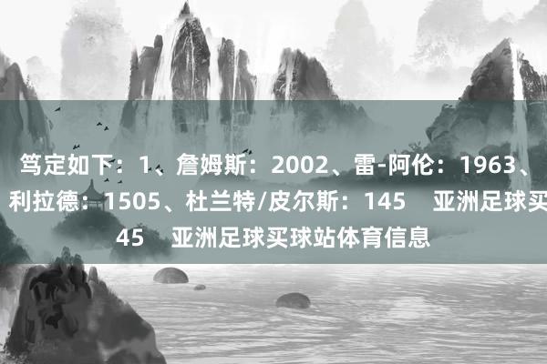 笃定如下：1、詹姆斯：2002、雷-阿伦：1963、库里：1724、利拉德：1505、杜兰特/皮尔斯：145    亚洲足球买球站体育信息