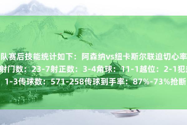 两队赛后技能统计如下：阿森纳vs纽卡斯尔联迫切心率图控球率：70%-30%射门数：23-7射正数：3-4角球：11-1越位：2-1犯规：6-12黄牌：1-3传球数：571-258传球到手率：87%-73%抢断：13-6阻抑：3-5突围：12-48体育集锦